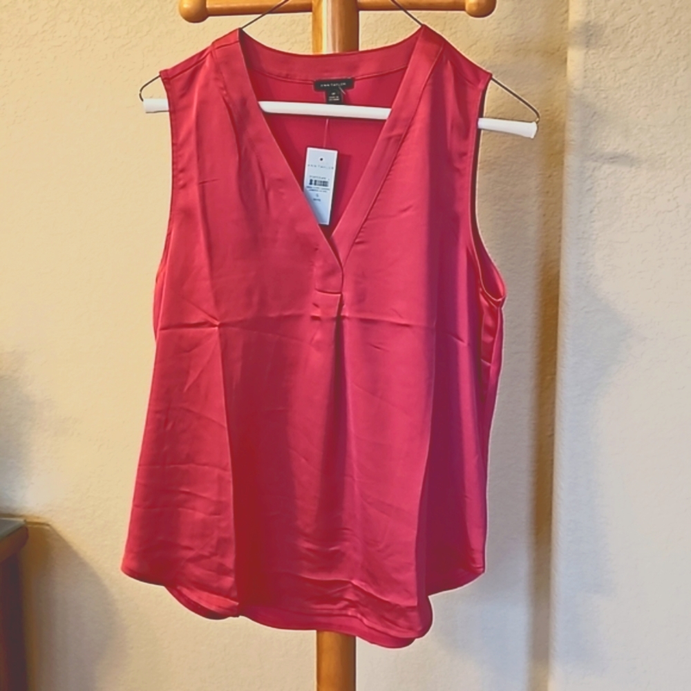 NWT, Ann Taylor, Pink Shimmer Mixed Media Pleat Front Top, SP
